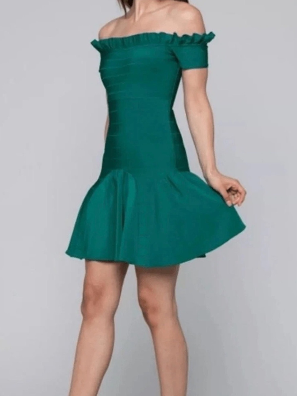 bebe Bandage Off-Shoulder Fit & Flare Dress Teal Emerald Green
